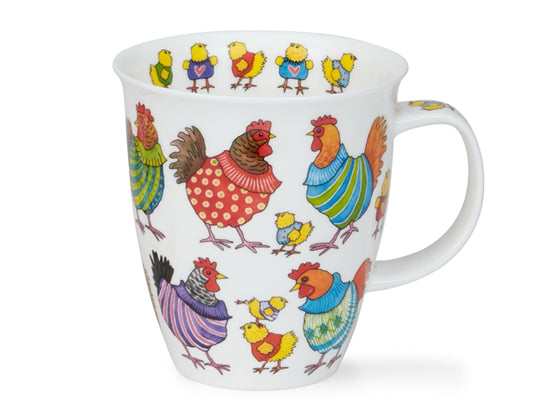 Dunoon Nevis Knitwits Hen mug featuring colourful hens and chicks in patterned knitwear on a white background