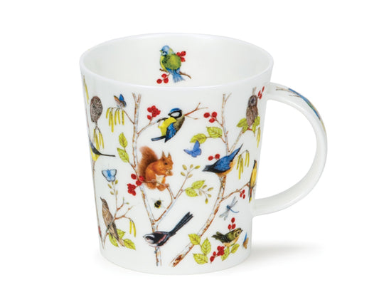 Dunoon Secret Wood Blue Tit Lomond fine bone china mug with blue tits, squirrel and woodland branches on a white background.
