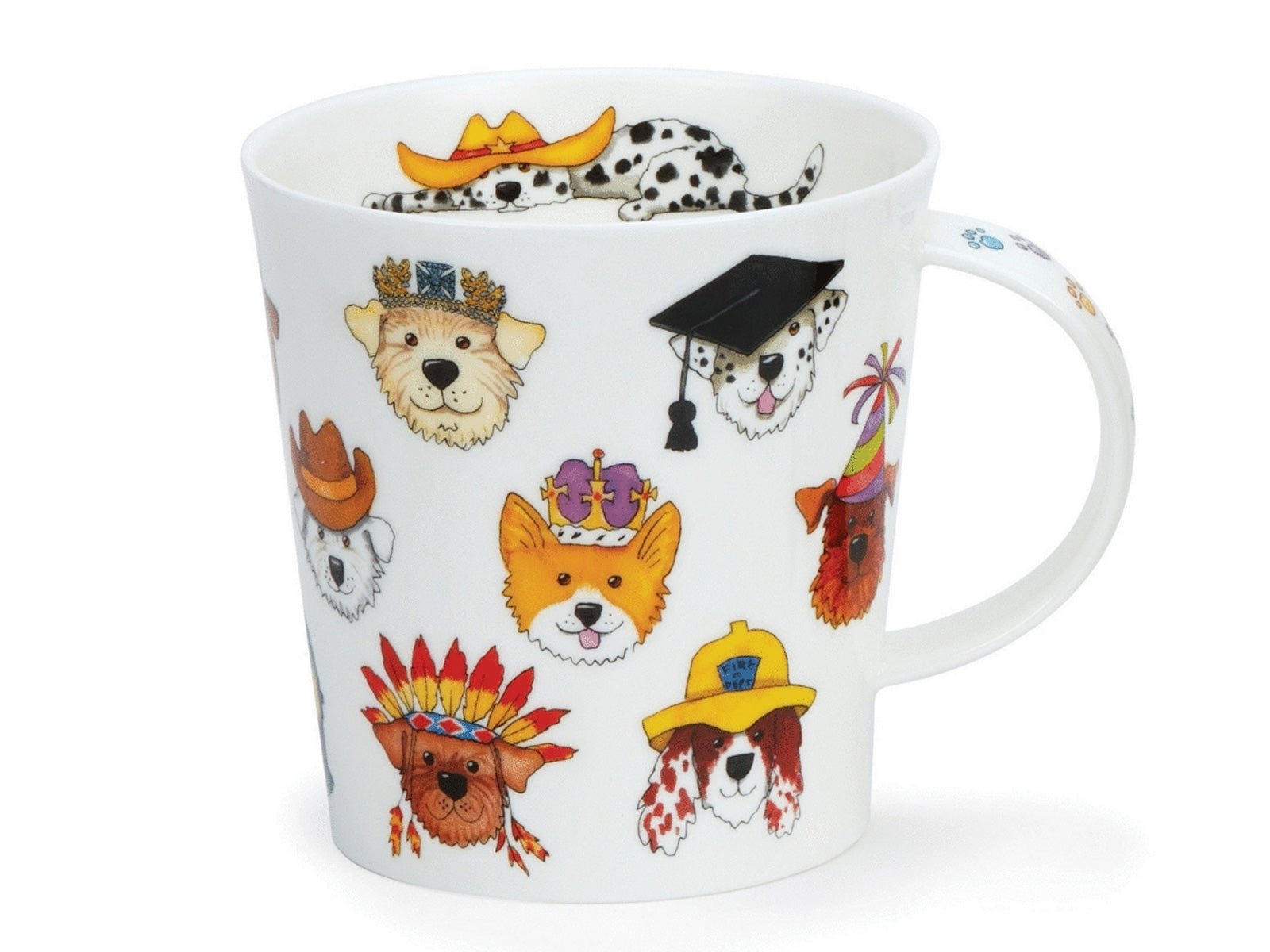 A white fine-bone china mug featuring an assortment of illustrated dog heads of varying breeds, wearing hats in a comical fashion. It shows Terriers with a tam o' shanter bonnet, a Corgi with a crown & a Dalmatian with a graduation cap, just to name a few. The inner rim features a black and white Dalmatian with a Western hat and an orange dog with a sombrero.
