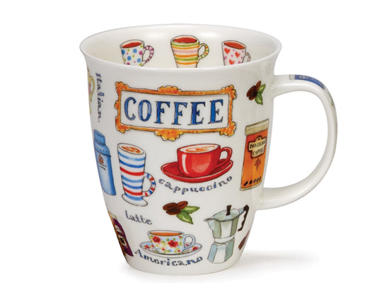 Dunoon Nevis Coffee mug featuring illustrated coffee cups, beans and coffee varieties on a white background