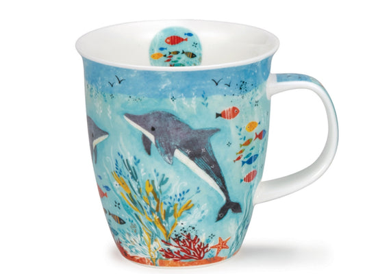 Dunoon Nevis Flippers Dolphin mug featuring an illustrated dolphin swimming with colourful fish and coral in blue sea tones
