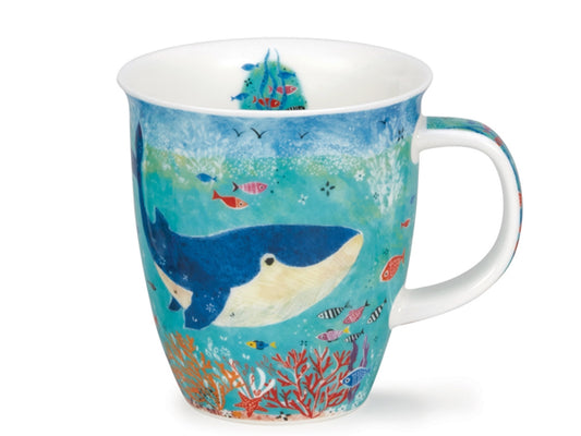 Dunoon Nevis Flippers Whale mug featuring an illustrated whale swimming among colourful fish and coral in blue sea tones