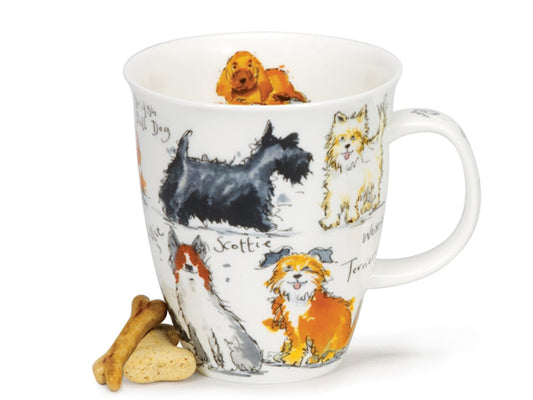 Fine bone china mug with fluted top and illustrated with various breeds of slightly messy dog drawings on a white base.