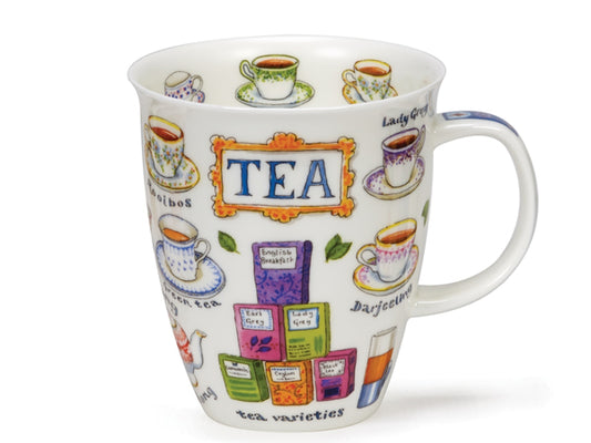 Dunoon Nevis Tea mug featuring illustrated teacups, tea boxes and tea varieties on a white background