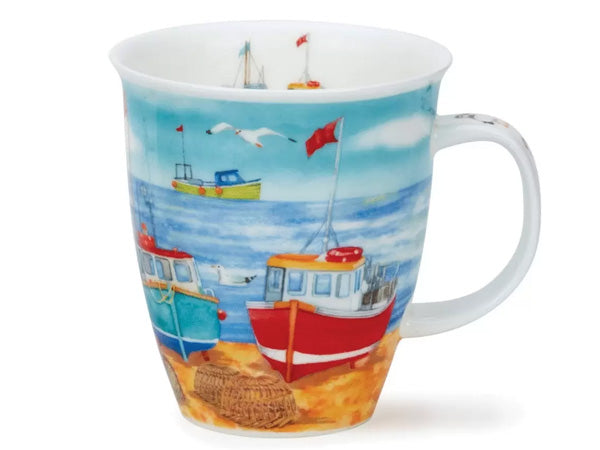 A fine bone china mug featuring a detailed illustration of an array of classic beach boats in green, red, and blue hues docked on a sandy shore against a serene ocean and a sky painted in shades of blue. The boats are accompanied by puffins scavenging for leftovers in the lobster pots while gulls soar overhead. Continuing the seaside theme, illustrations of puffins grace the handle, while inside the mug's inner rim, there is a duo of red and green boats. The mug is fluted at the top for an easier drinking e