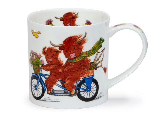 Dunoon Orkney Highland Spin fine bone china mug featuring Highland cows riding a tandem bicycle on a white background