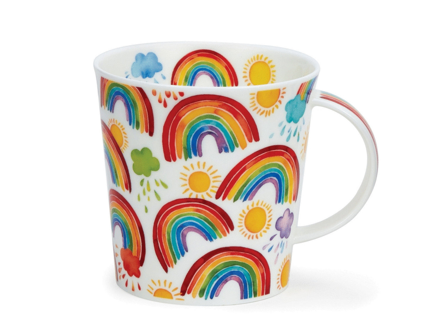 A white fine bone china mug showcasing an assortment of gracefully curved rainbows, adorned with vibrant rain clouds and scattered sun motifs. Inside the fluted rim is a harmonious trio of a cloud, sun and rainbow, with a long rainbow extending down the mug handle.