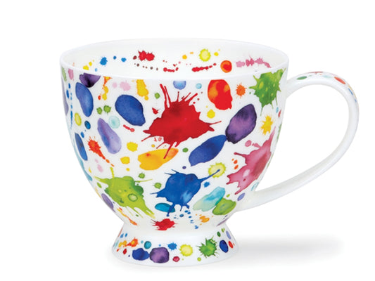 Dunoon Skye Whoops mug featuring colourful paint splashes and multicoloured abstract spots on a white background