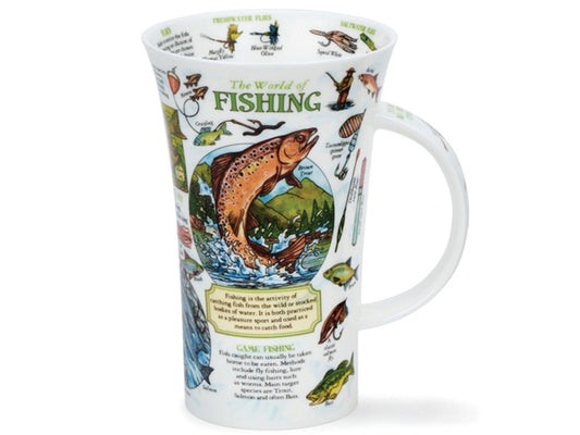 A large fine bone china mug, featuring illustrations and facts about fishing, as well as equipment and various types of fish in their natural environments.