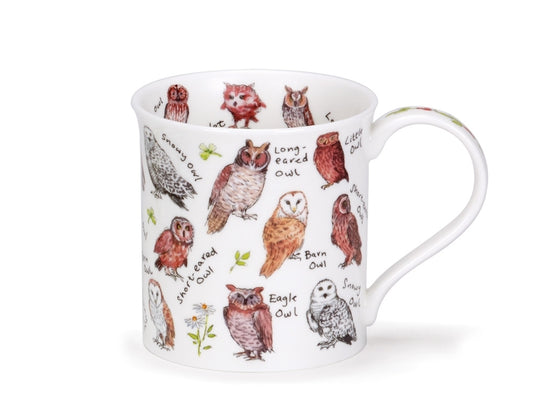 A white fine-bone china mug with straight sides and a subtly fluted top. The mug features detailed illustrations of common owls, including a snowy owl, barn owl, eagle owl, short-eared owl, and more. The handle of the mug is adorned with a stem of green foliage and red berries. Inside the rim, you'll find additional owl illustrations, such as a long-eared owl, owlets, brown owl, snowy owl, scops owl, and little owl. Each owl is depicted with accurate colourings and markings, maintaining their distinctive fe