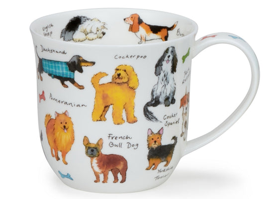 Dunoon Cumbrae Dog Breeds fine bone china mug with illustrated dog breeds and handwritten breed names on a white background