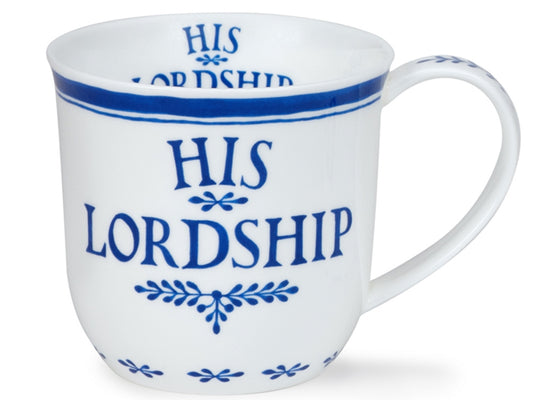 Dunoon Cumbrae His Lordship fine bone china mug in white with blue lettering and decorative border