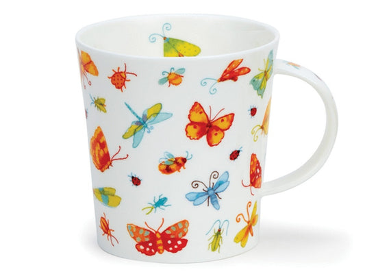 A white fine bone china mug adorned with watercolour-style illustrations of moths, butterflies, beetles, bees, ladybirds, and dragonflies. Vibrant shades of red, orange, yellow, and green bring these delightful insects to life. The insect motif extends to the handle, while a charming green fly and ladybirds peek out from the inner rim of the mug.