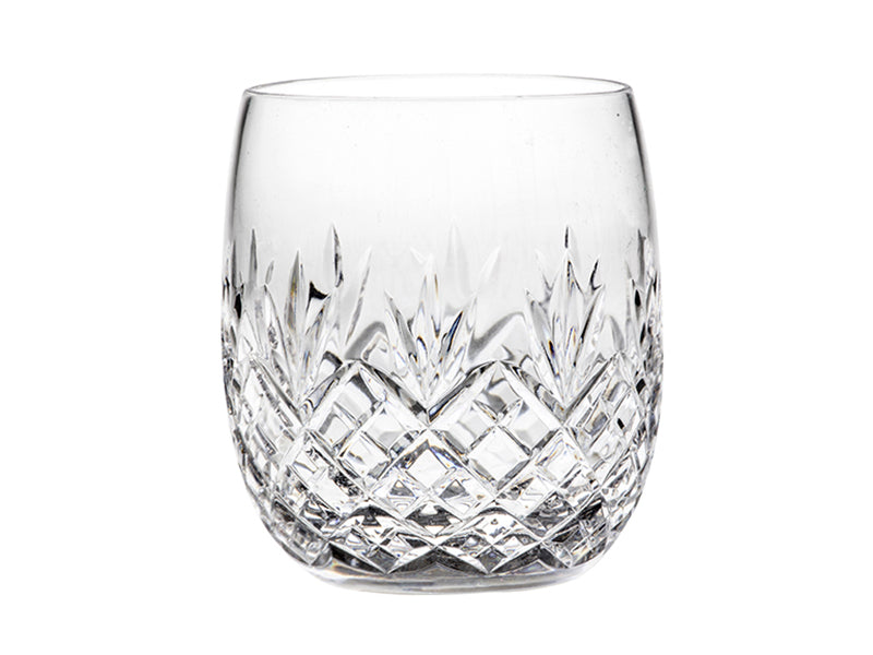 A crystal tumbler with hand-cut diamonds and triple flicks around the edge of the cup, with a plain rim and heavier rounded base