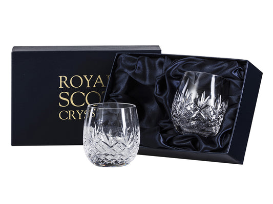 Pair of Royal Scot Crystal Edinburgh Gin Tumblers are crafted of the finest crystal and hand-cut by craftsmen in Britain with the classic Edinburgh design. They are rounded in shape and weighted at the bottom to avoid spillages.