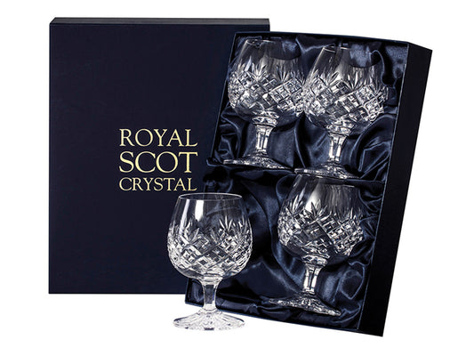 Set of 4 Royal Scot Crystal Edinburgh Brandy Glasses are hand-cut in Britain with the timeless Edinburgh design and are wide in width and then slightly tapered at the top, each with a rounded base.