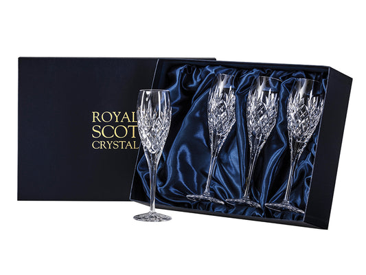 Set of 4 Royal Scot Crystal Edinburgh Champagne Flutes are hand-cut in Britain with the staple Edinburgh design, and are all long, thin-stemmed glasses with a rounded base for perfect balance.