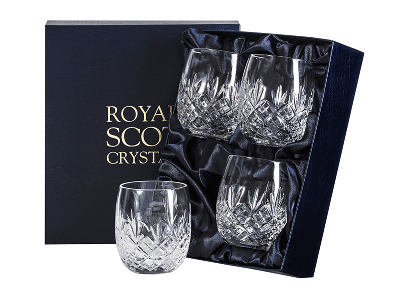 Set of 4 Royal Scot Crystal Edinburgh Gin Tumblers are hand-cut in Britain with the staple Edinburgh design and are weighted at the bottom so to avoid spillages. The shape of the glass is rounded and simplistic, designed to be comfortable in the hand.