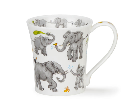White mug with playful grey elephant illustrations, water splashes, bananas and green leaves.
