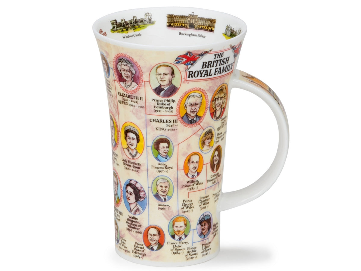 Dunoon Glencoe British Royal Family mug featuring illustrated royal family portraits, family tree details and landmark buildings on a pale background