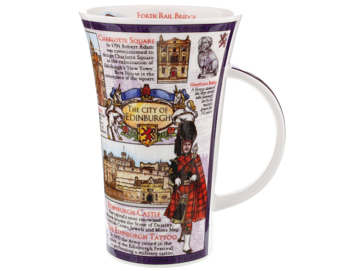 Dunoon Glencoe Edinburgh Mug is a large fine bone china mug that has colourful depictions of famous landmarks, monuments and cultural staples to the Scottish capital, along with information on each of them.