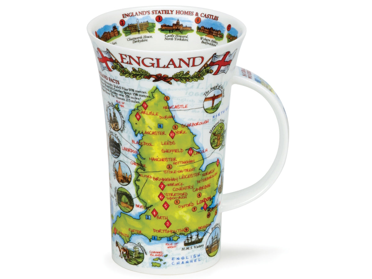 Dunoon Glencoe England Mug is a large tea or coffee mug that has printed illustrations of the map of England, along with twelve highlighted historical landmarks and fun facts about each. Around the inner rim there can be found ten different stately English homes, and along its handle are four naturally found wonders.