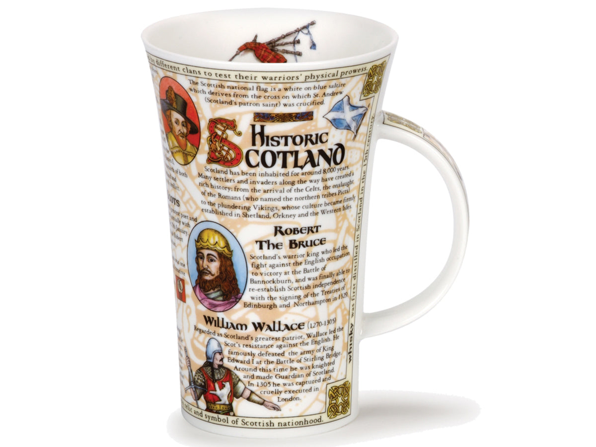 Dunoon Glencoe Historic Scotland Mug is a large fine bone china mug that has a range of Scotland's rich history printed all around its exterior, from the reign of Scottish kings to the inventions of golf and the television.