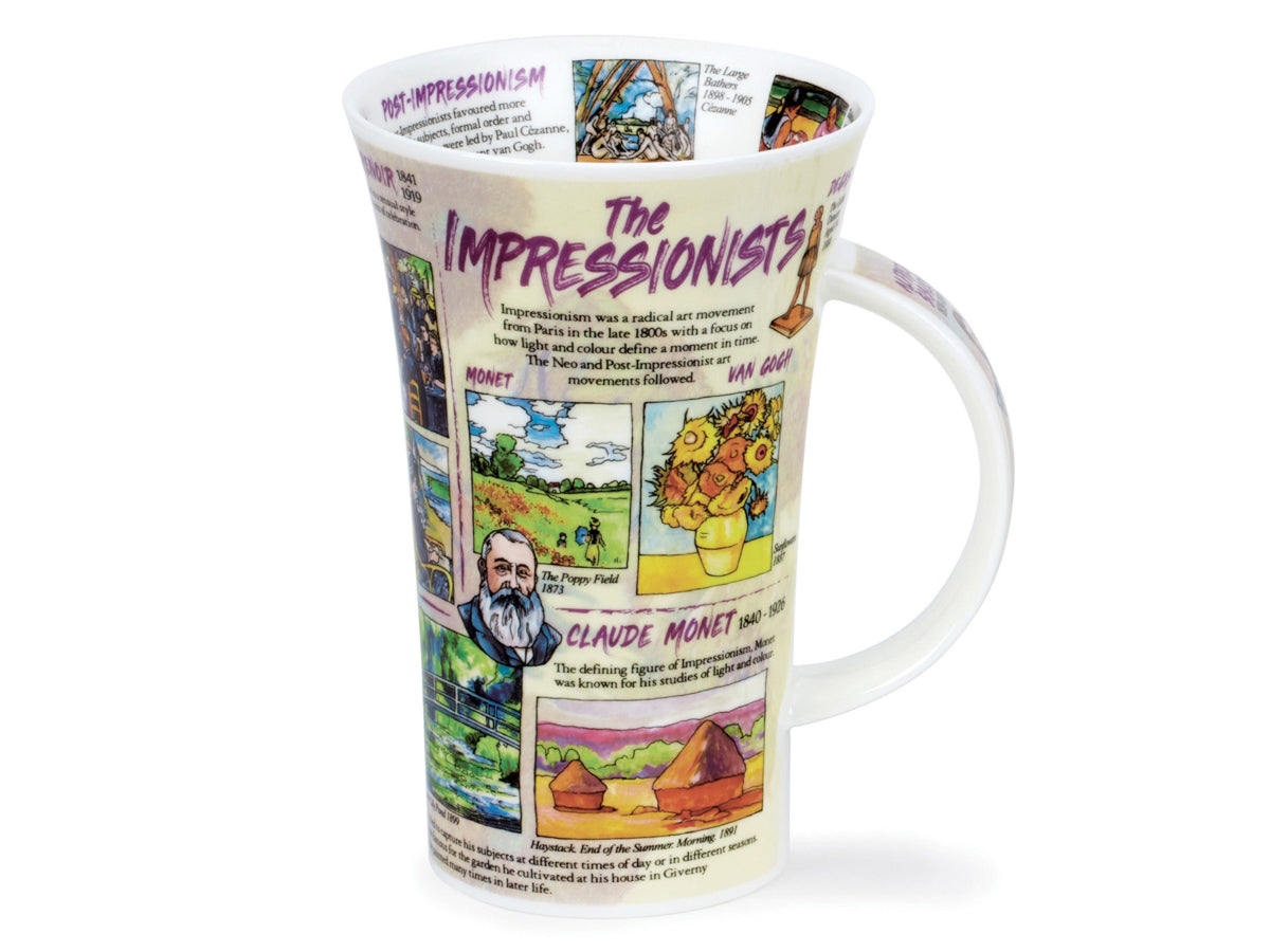 Dunoon Glencoe Impressionists Mug is a large fine bone china mug that has pictures of the first impressionist artists and their most famous works around the exterior of the mug, along with a small biography to accompany each. Around the inner rim can be found examples of neo- and post-impressionist art as well as definitions of both.
