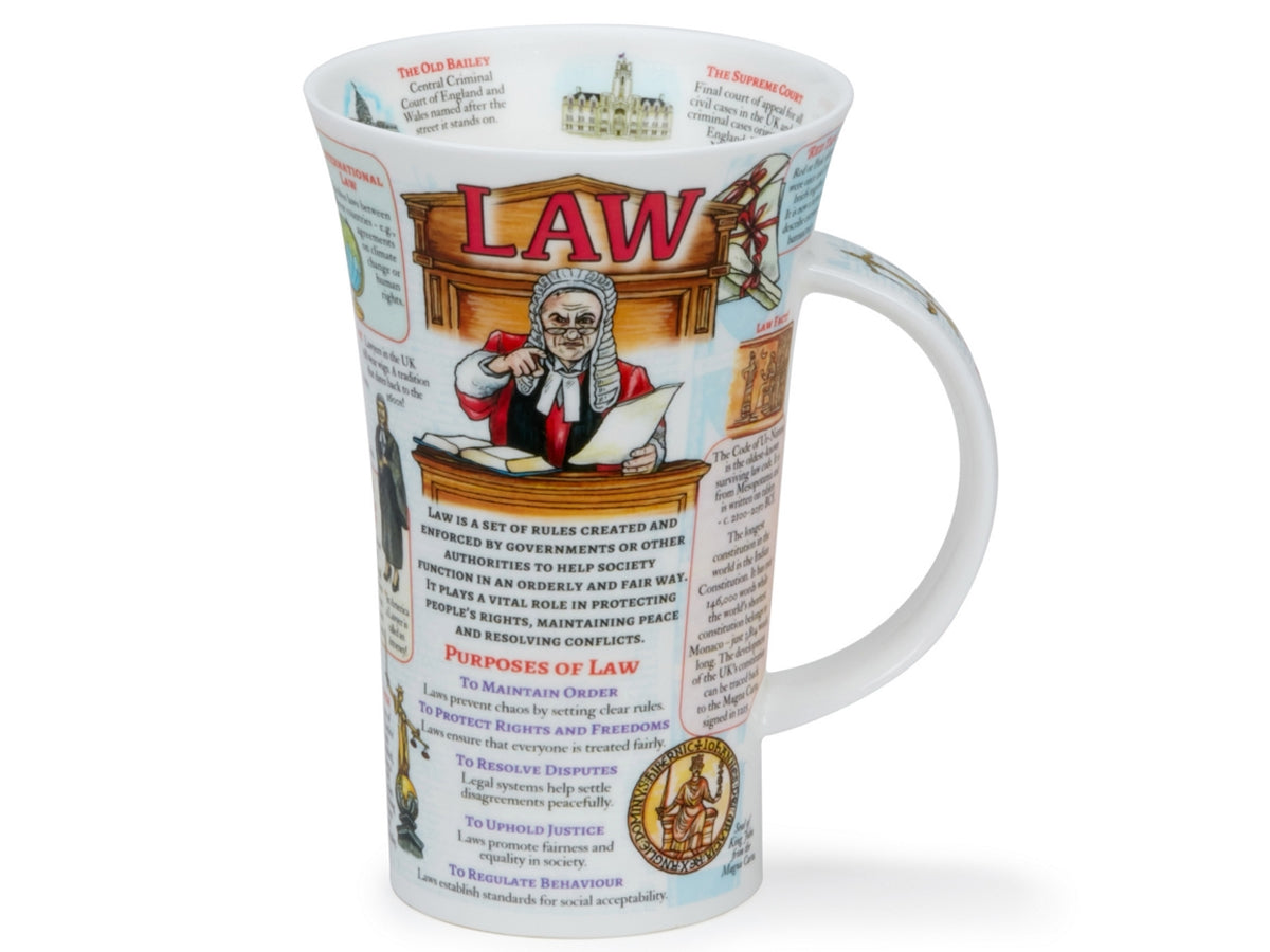 Dunoon Glencoe Law mug featuring detailed legal illustrations, courtroom imagery and law facts on a white background