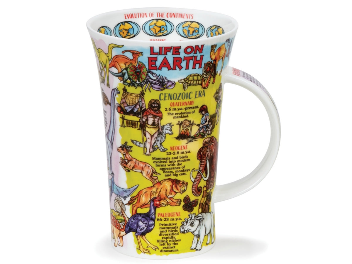 Dunoon Glencoe Life on Earth mug featuring colourful prehistoric illustrations, animals and educational science facts on a white background