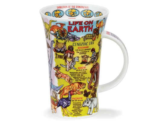 Dunoon Glencoe Life on Earth mug featuring colourful prehistoric illustrations, animals and educational science facts on a white background