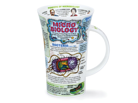 Dunoon Glencoe Microbiology Mug is a large fine bone china mug that depicts labelled diagrams of virus', bacteria and fungi along with an array of educational information about each. Around the inner rim of the mug are pioneers of microbiology, along with their most notable work in the field of microbiology.