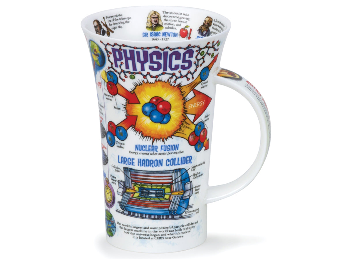 Dunoon Glencoe Physics Mug is a large fine bone china mug that is full of information about all different types of physics, including classical physics and quantum physics, accompanied by colourfully-labelled diagrams and famous physicians printed around its inner rim.