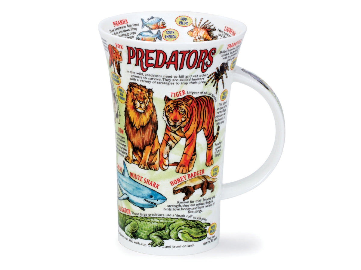 Dunoon Glencoe Predator Mug is a large fine bone china mug that is printed with all manner of predators on its exterior in full colour, as well as a fun, educational fact about each one. Around the inner rim some of the smaller predators can also be found.