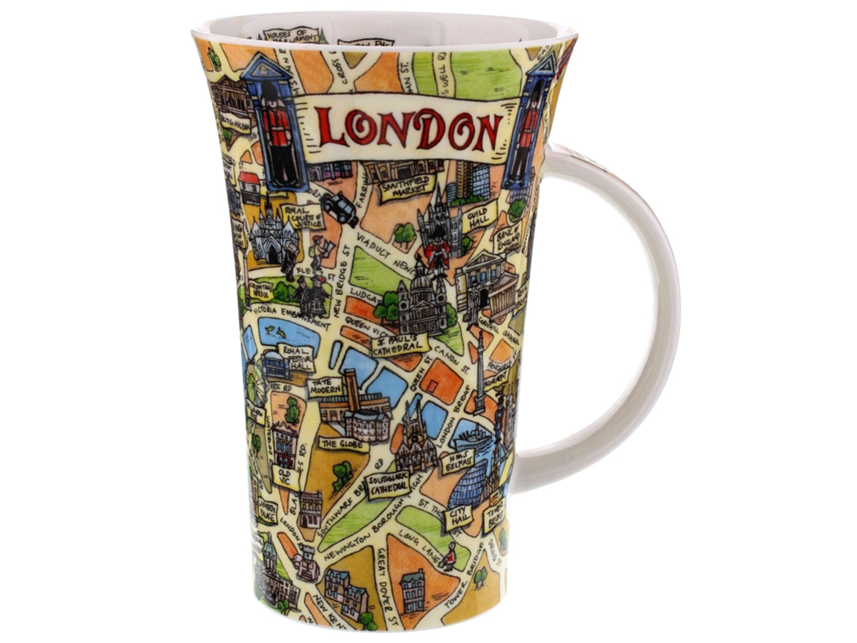 Dunoon Glencoe Tour of London Mug is a large fine bone china mug printed with a colourful cartoon map of London, that has small depictions of all the famous landmarks across the city, as well as all the labelled roads. Printed around the inner rim of the mug are pictures of the landmarks that run alongside either side of the Thames.