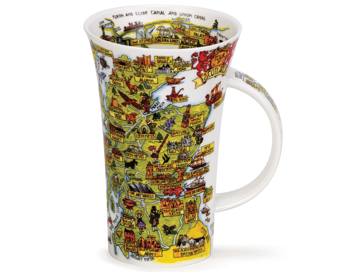 Dunoon Glencoe Tour of Scotland Mug is a large fine bone china mug that has a colourful map of Scotland printed on its exterior, with cartoon drawings of the famous landmarks drawn and labelled across the map. There are also cartoon depictions of both Glasgow and Edinburgh city centers, which are also labelled with their roads and landmarks.