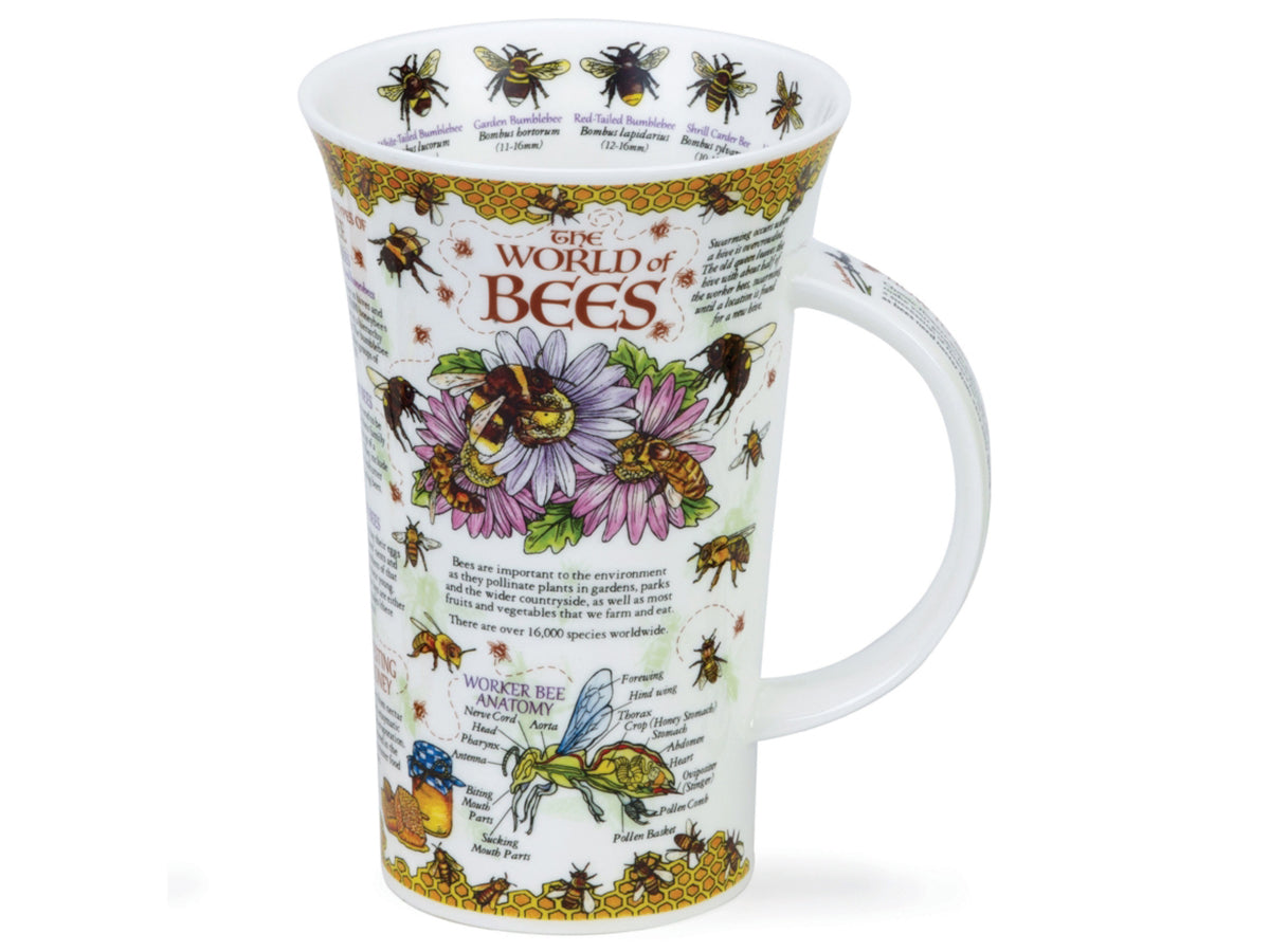 Dunoon Glencoe World of Bees Mug is a large fine bone china mug that is printed with all manner of facts about bees on its exterior, including the different types of bee, how honey is harvested and a fully-labelled diagram of the anatomy of a worker bee.