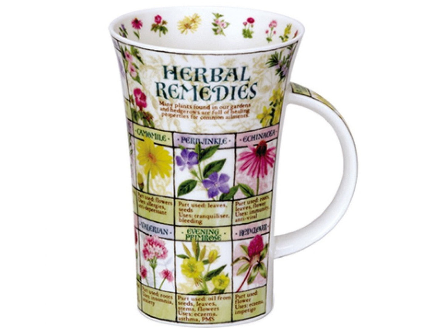 Dunoon Glencoe Herbal Remedies Mug is a large fine bone china mug that depicts all different manner of herbs and flowers in various shades of purple, pink and yellow, along with what each can be used to treat. Dotted around the inner rim the user will fine small prints of different flowers.