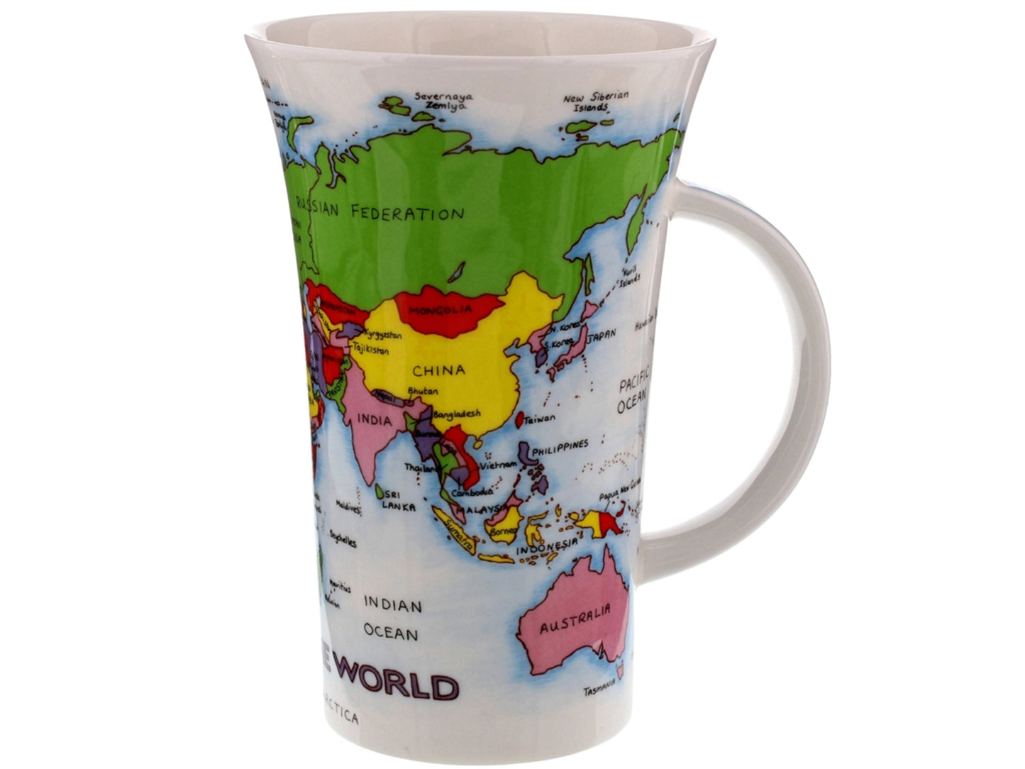Dunoon Glencoe Map Of The World Mug is a large fine bone china mug that has a colourful,. fully-labelled map of the seven continents printed across its exterior, as well as their adjoining oceans on a white background.