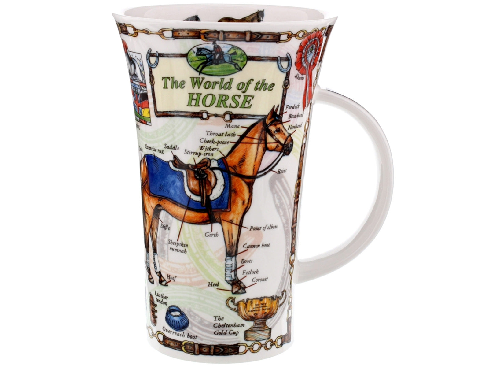 Dunoon Glencoe The World Of The Horse Mug is a large fine bone china mug that depicts a fully-labelled diagram of a horse on its exterior, alongside pictures of the equipment needed for horse riding and snapshots of all the different sporting events horses take part in. As well as this, there are different breeds of horse printed around the inner rim of the mug.