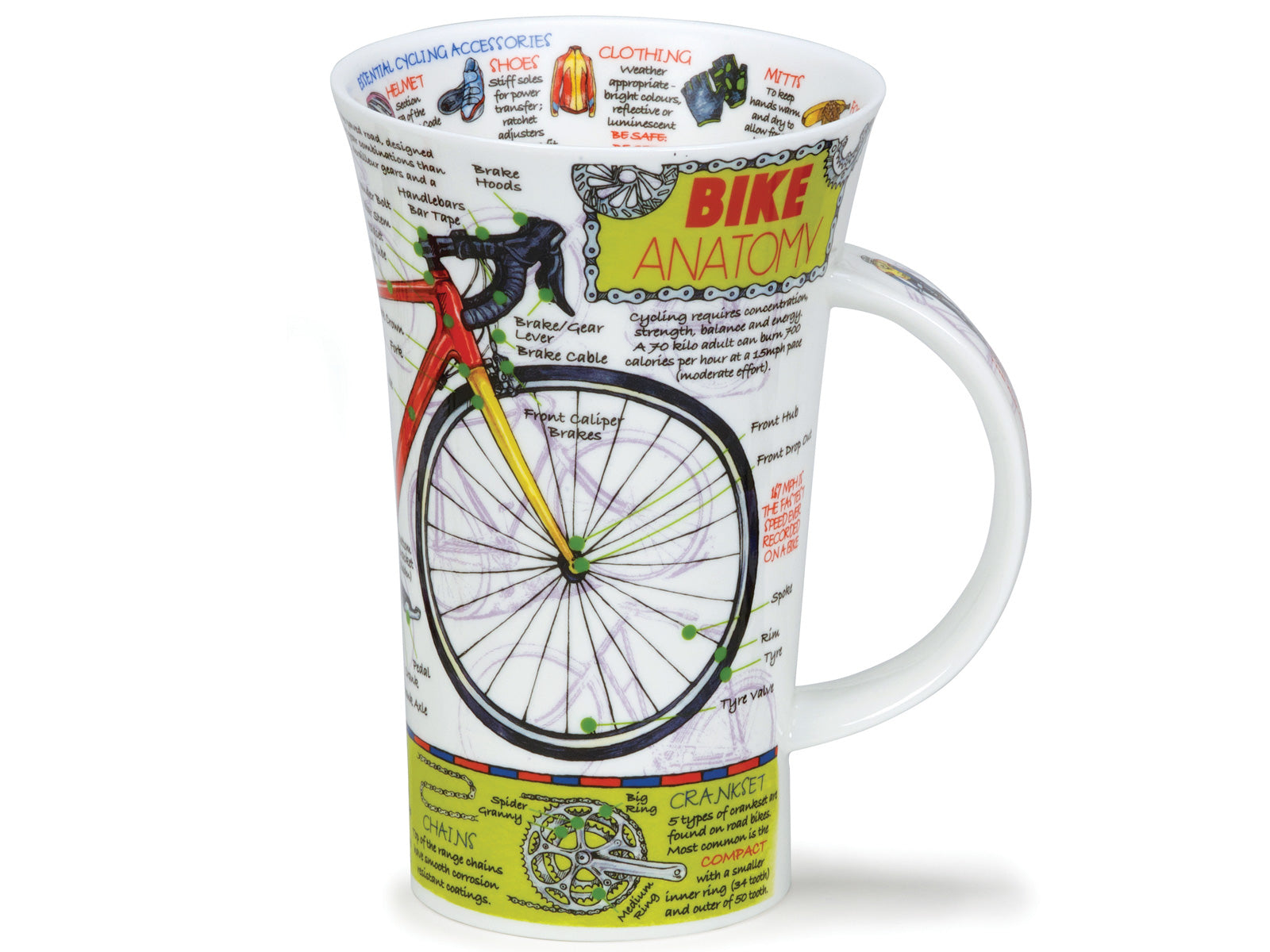 Dunoon Glencoe Bike Anatamy Mug is a large fine bone china mug that is printed with a fully-labelled diagram of the bike around its exterior, along with a set of essential cycling accessories printed around the inner rim of the mug.