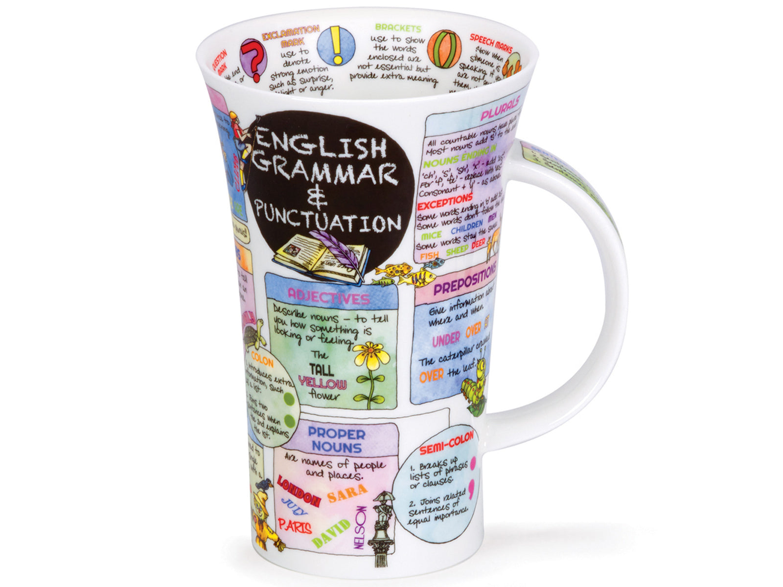 Dunoon Glencoe English Grammar & Punctuation Mug is a large fine bone china mug that is printed with various colourful definitions of each category different words fall into and how to apply these properly. Around its inner rim is different types of punctuation, along with a classic grammatical lesson on the 'i' before 'e' rule.