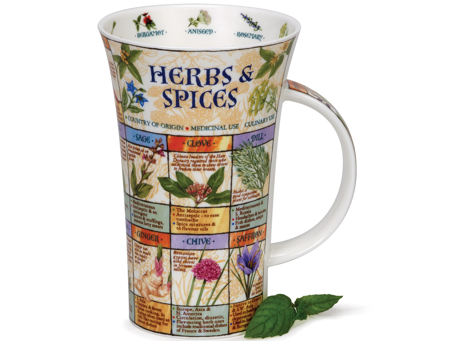 Dunoon Glencoe Herbs & Spices Mug is a large fine bone china mug that depicts various different herbs and spices around its exterior, along with their medicinal and culinary uses, as well as pictures of different herbs running around the inner rim of the mug.