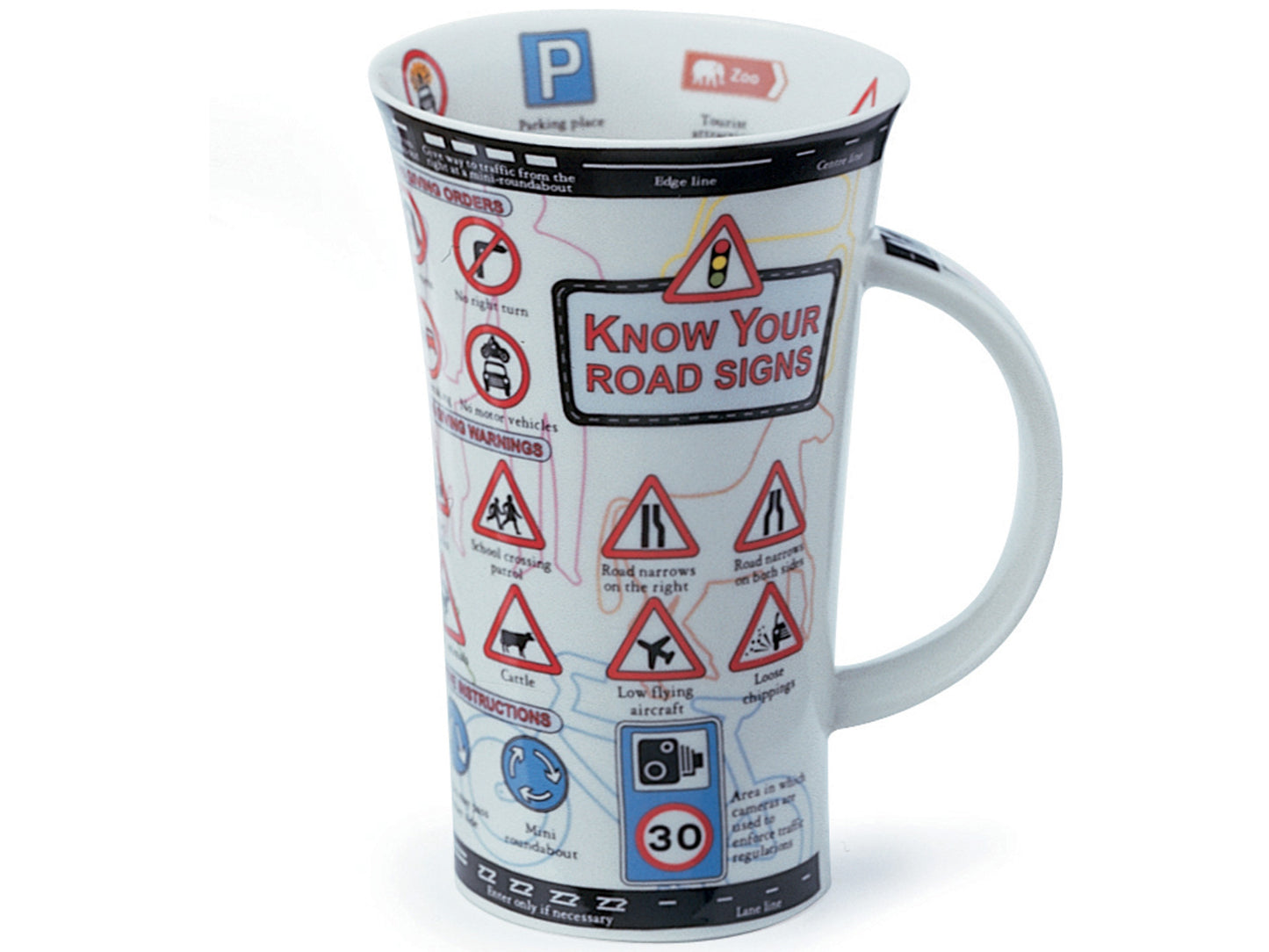 Dunoon Glencoe Know Your Road Signs Mug is a large fine bone china mug that is printed with all different road signs across its exterior, along with the more obscure signs printed around the inner rim of the mug.