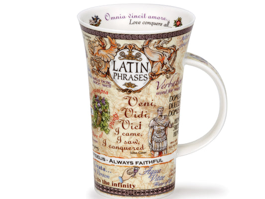 Dunoon Glencoe Latin Phrases Mug is a large fine bone china mug that has various Latin idioms printed all around its exterior in all different colours and fonts, along with their English translations underneath each one.