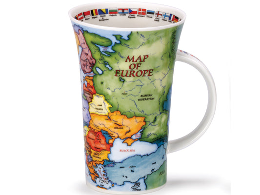 Dunoon Glencoe Map Of Europe Mug is a large, fine bone china mug that has a colourful and detailed map of Europe printed around the entirety of its exterior, along with each country's flag printed around the inner rim of the mug and along its handle.