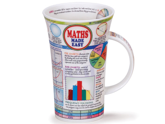Dunoon Glencoe Maths Made Easy Mug is a large fine bone china mug that is printed will all manner of mathematical formulae around its exterior, making maths easy and concise to understand. The graphs and diagrams are all different colours against a white backdrop to make it easy to read and learn from.