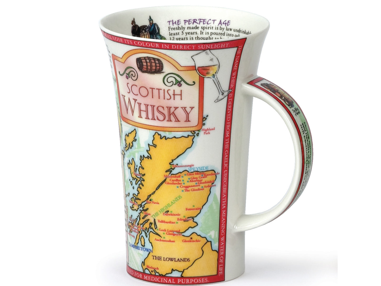 Dunoon Glencoe Scottish Whiskey Mug is a large fine bone china mug that depicts the history of Scottish whiskey, along with the regions whiskey is made in and the art of making whiskey.