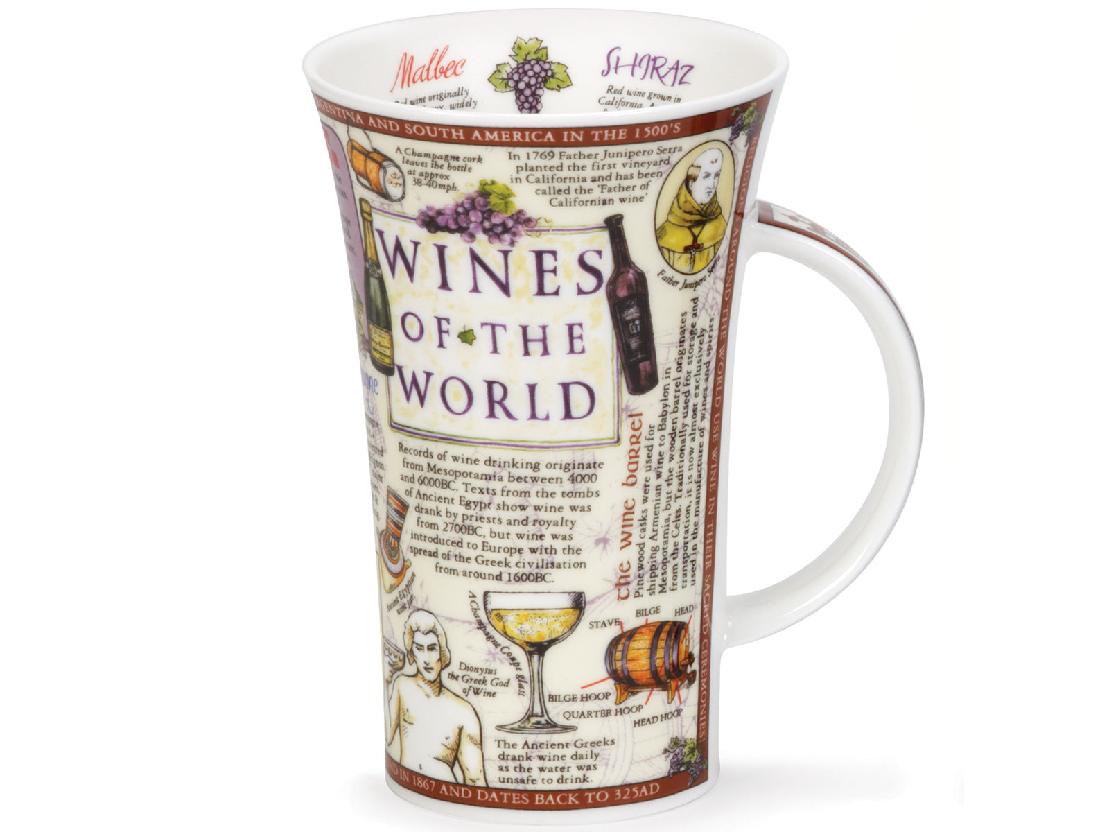 Dunoon Glencoe Wines Of The World Mug is a large fine bone china mug that is printed with information regarding all the different types of popular red and white wines, including where they are made and the tasting notes for each. There are also some fun facts about the history of wine, and a labelled diagram of the wine barrel.