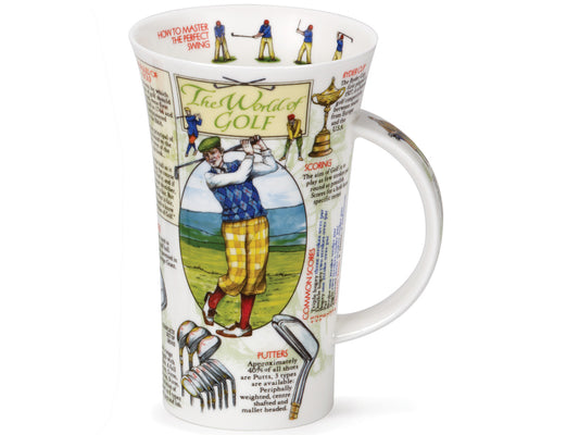 Dunoon Glencoe The World of Golf Mug is a large fine bone china mug that is printed with all the various equipment required to play golf around its exterior, as well as information about each and about famous tournaments. Around the inner rim is a printed play-by-play of the perfect golf swing.